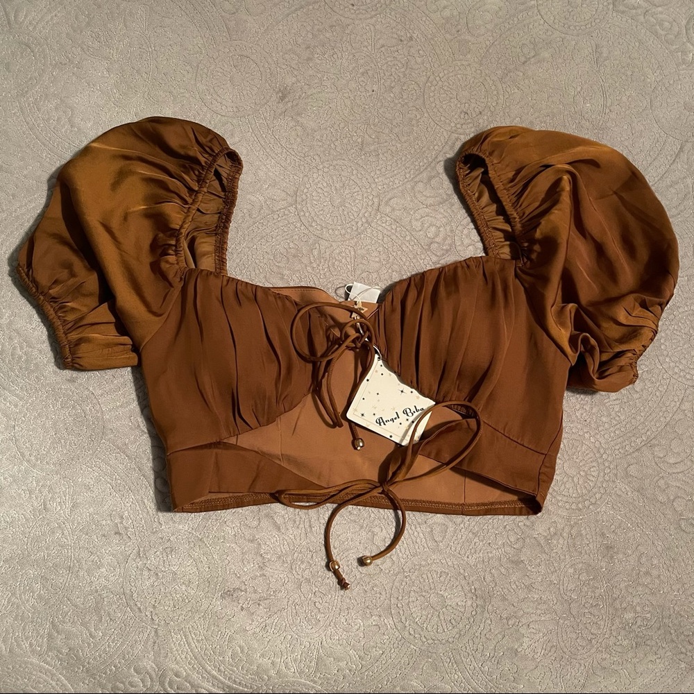 Angel Biba brown puff sleeve tie crop top